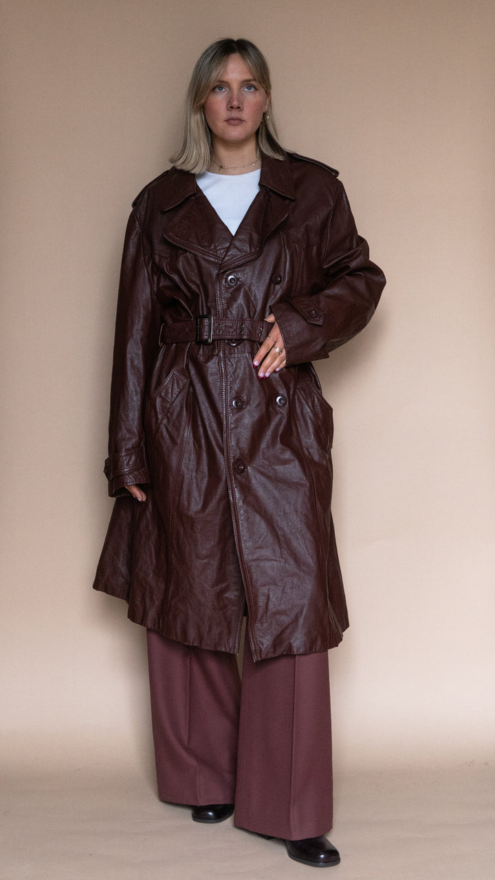 ‘70s BURGUNDY LEATHER TRENCH COAT - Size XL