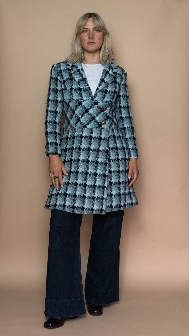 '70s BLUE HOUNDSTOOTH WOOL COAT - Size S