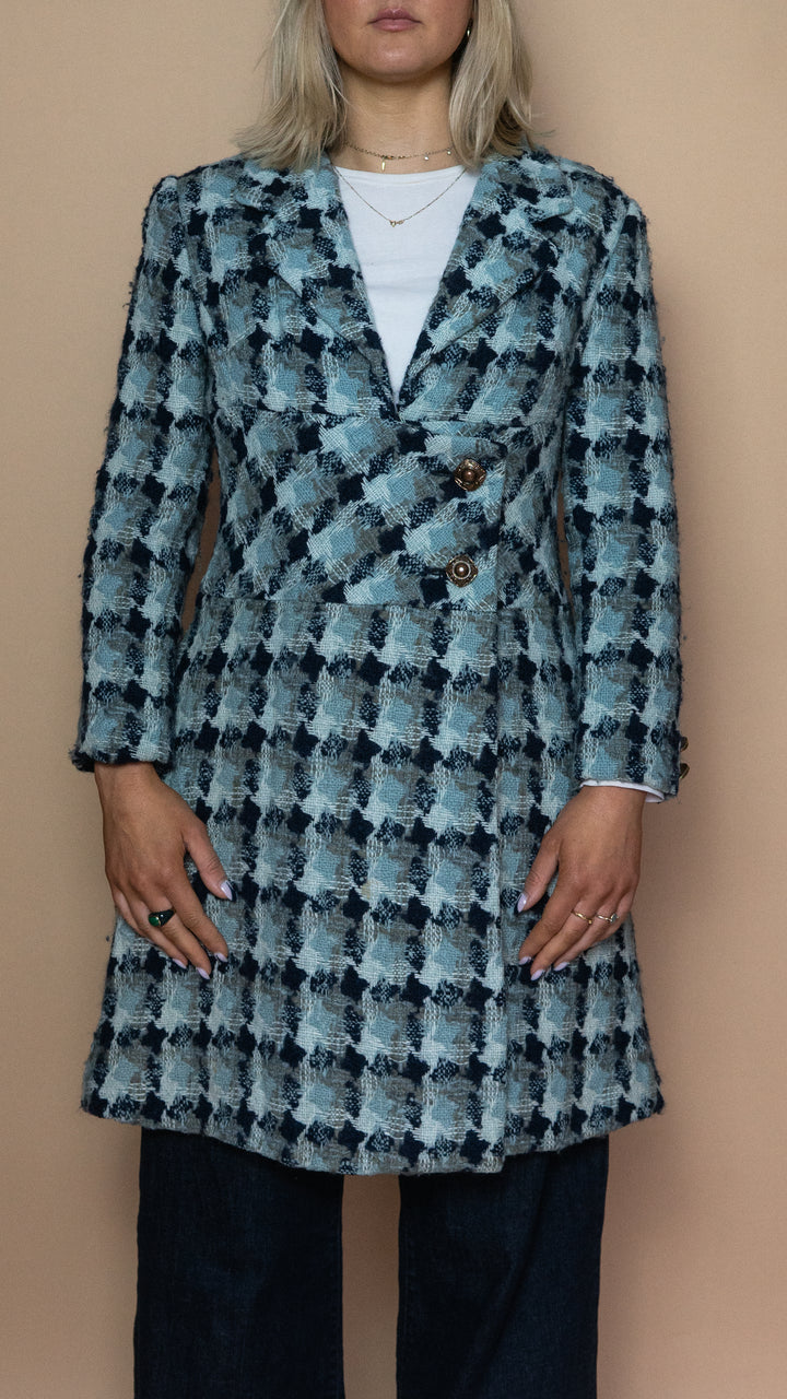 '70s BLUE HOUNDSTOOTH WOOL COAT - Size S