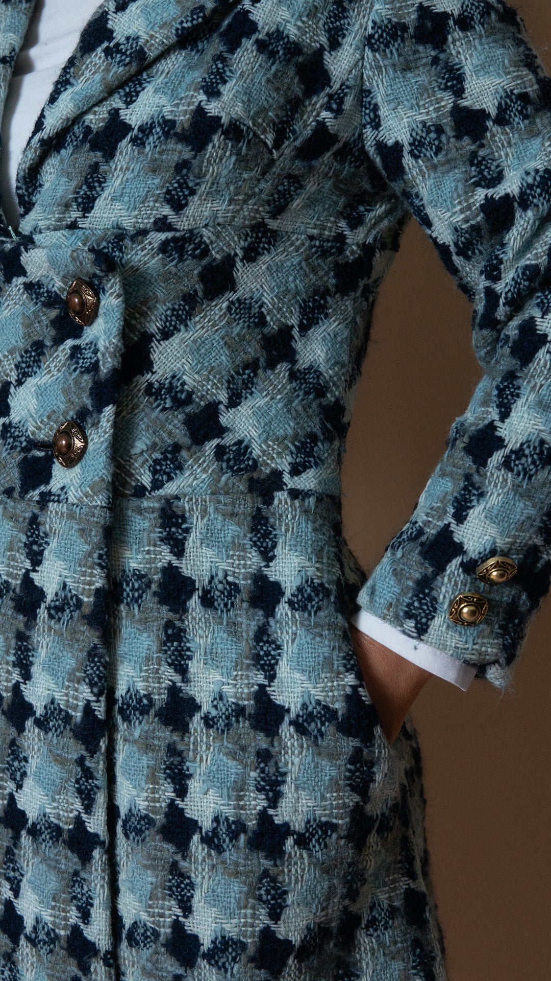 '70s BLUE HOUNDSTOOTH WOOL COAT - Size S