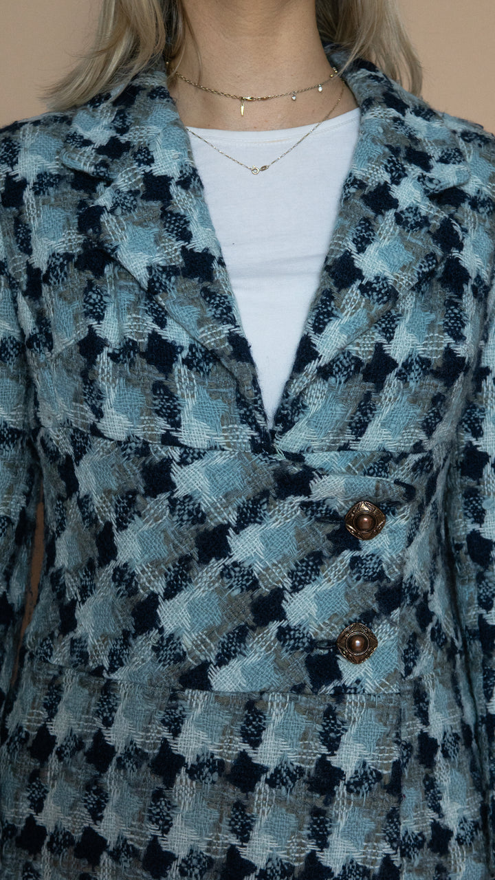 '70s BLUE HOUNDSTOOTH WOOL COAT - Size S