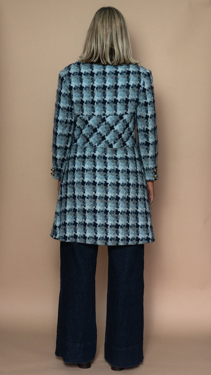 '70s BLUE HOUNDSTOOTH WOOL COAT - Size S