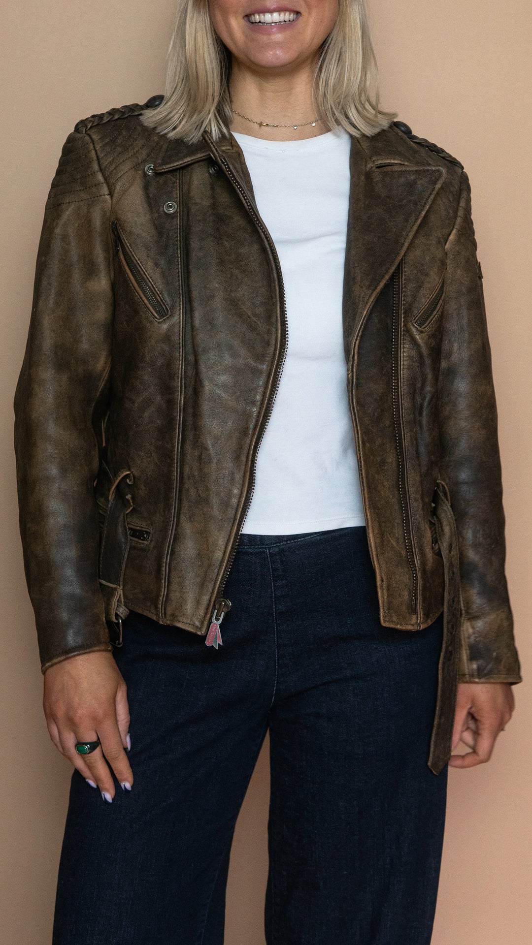 '90s BROWN BIKER LEATHER JACKET - Size M