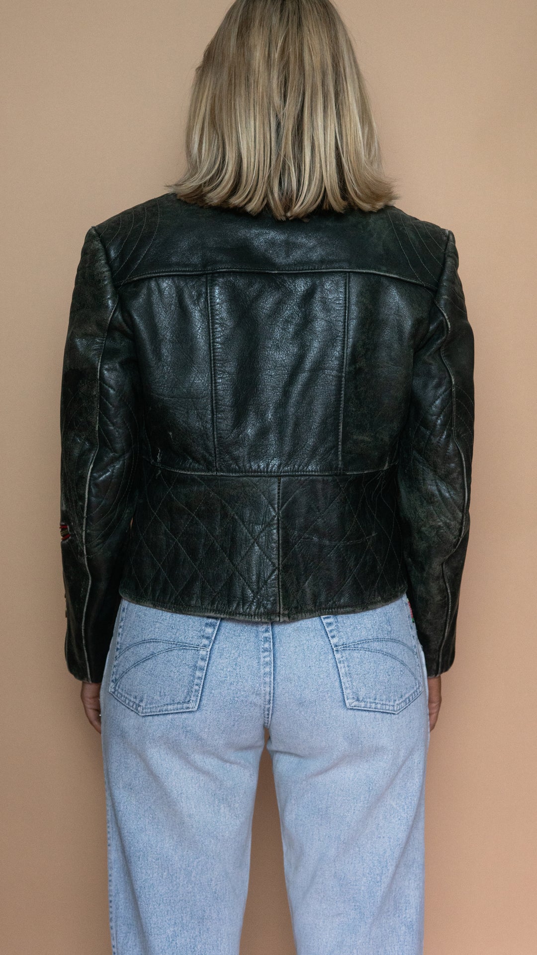 '90s GREEN LEATHER BIKER JACKET - Size S