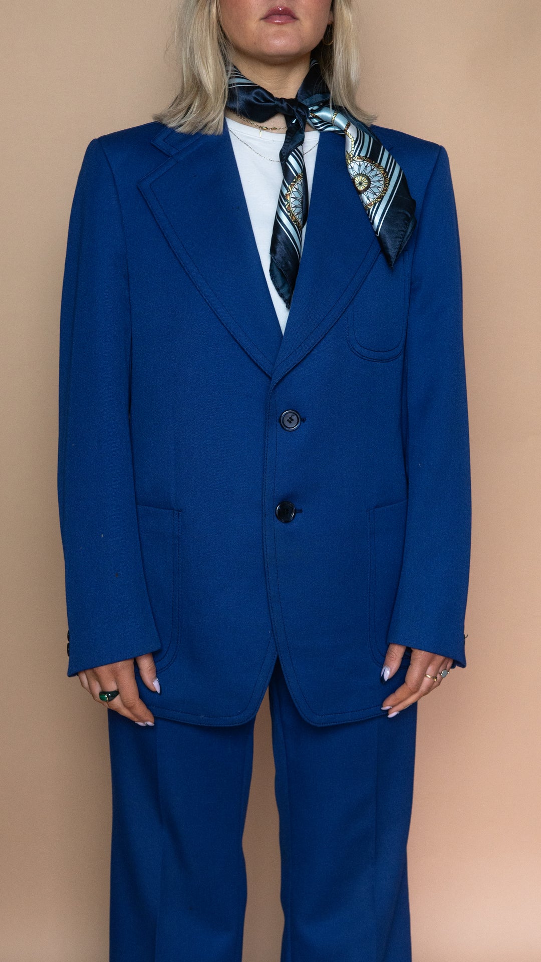 '70s COBALT BLUE TROUSER SUIT - Size L-XL