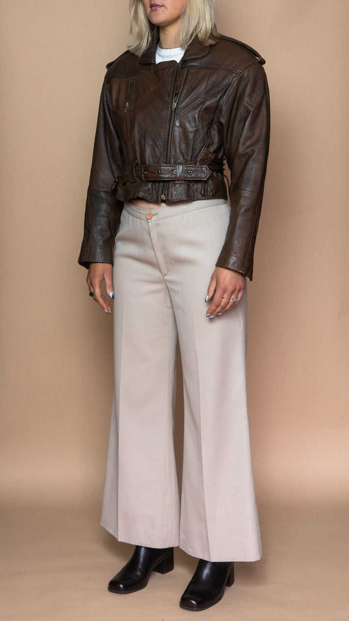 '80s BROWN CROPPED LEATHER JACKET - Size S