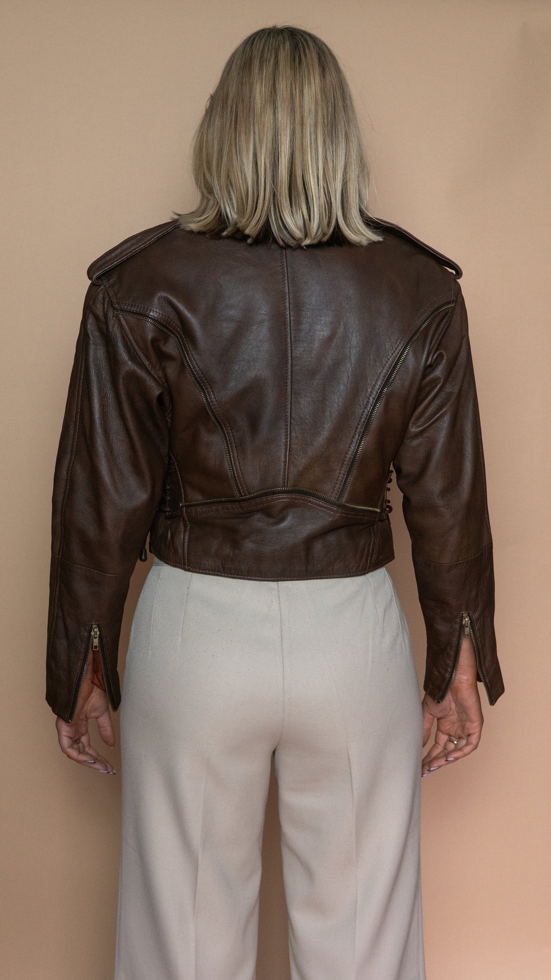 '80s BROWN CROPPED LEATHER JACKET - Size S