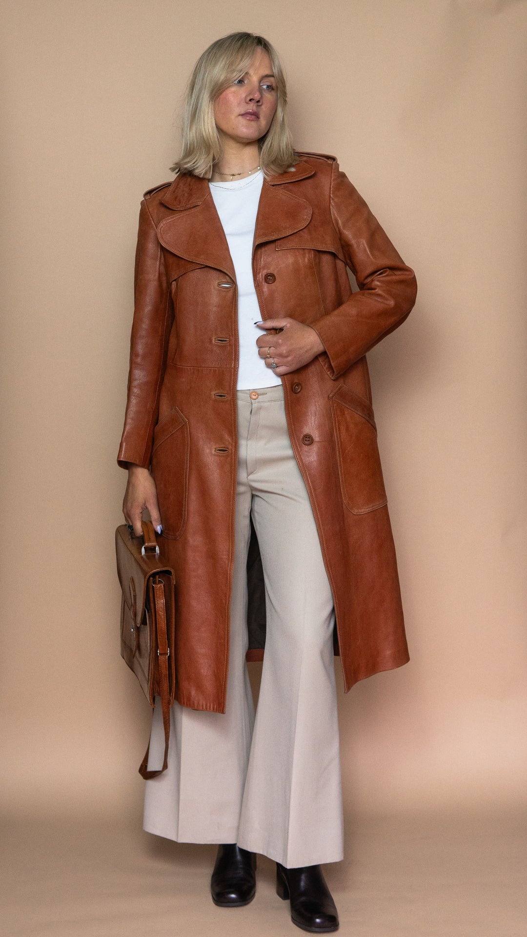 '60s TERRACOTTA LEATHER TRENCH COAT - Size S-M