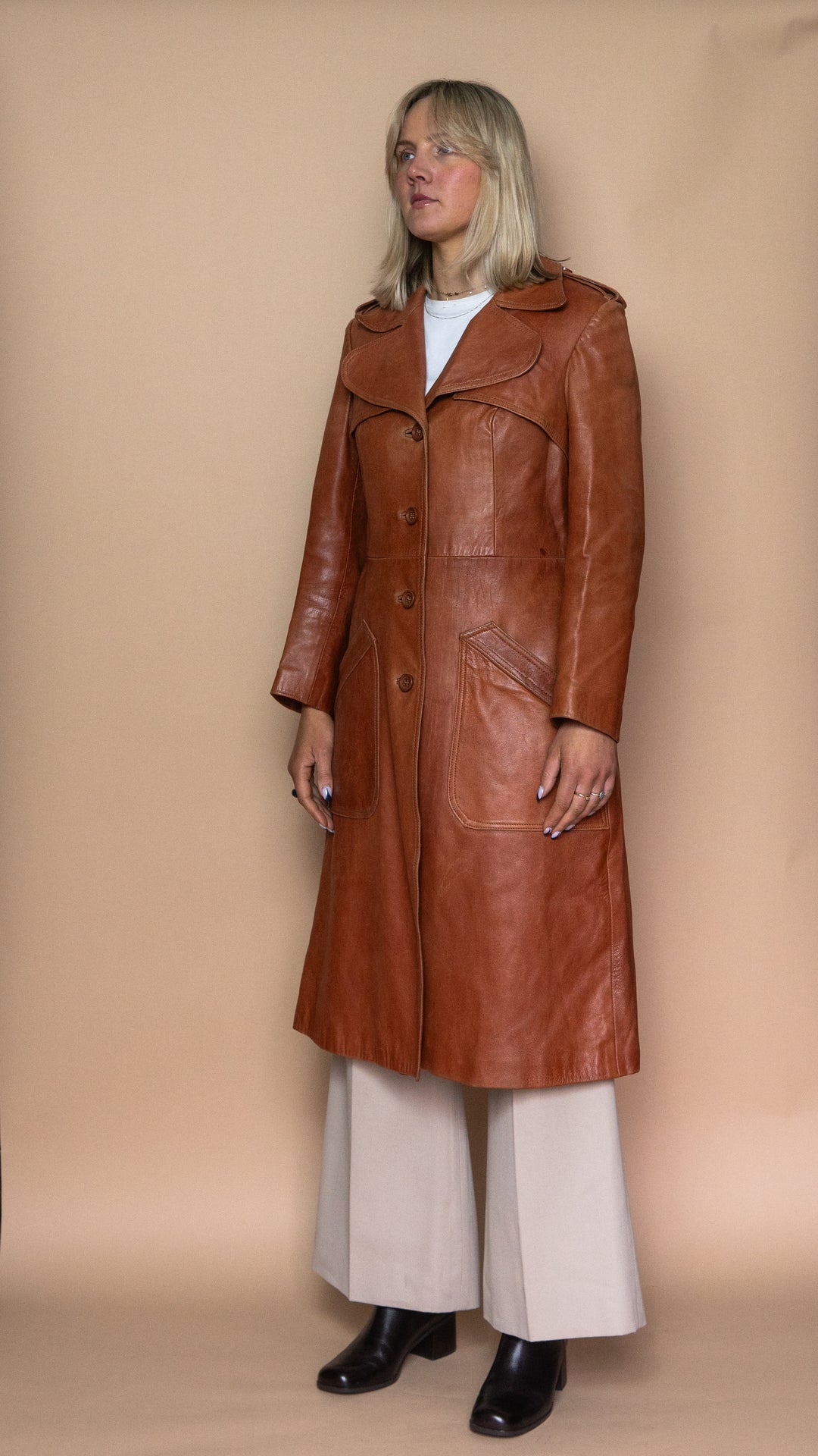 '60s TERRACOTTA LEATHER TRENCH COAT - Size S-M