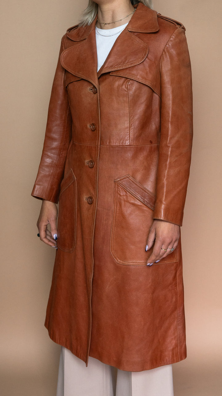 '60s TERRACOTTA LEATHER TRENCH COAT - Size S-M