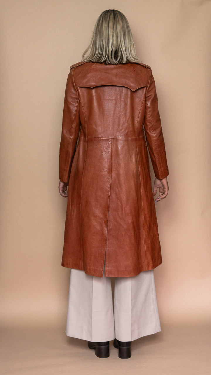 '60s TERRACOTTA LEATHER TRENCH COAT - Size S-M