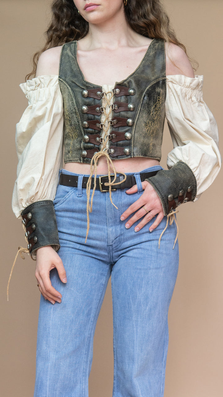 '90s RARE LEATHER LINEN CORSET - Size S