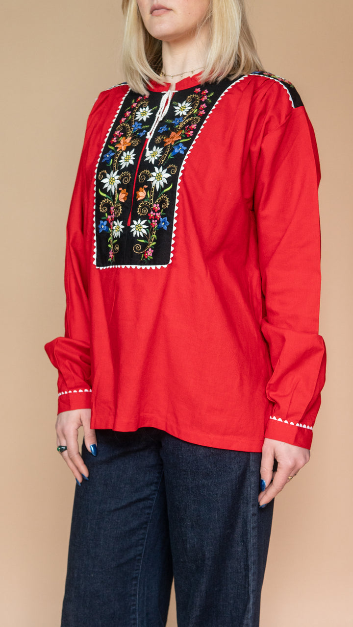 '70s RED FLORAL TUNIC - Size L