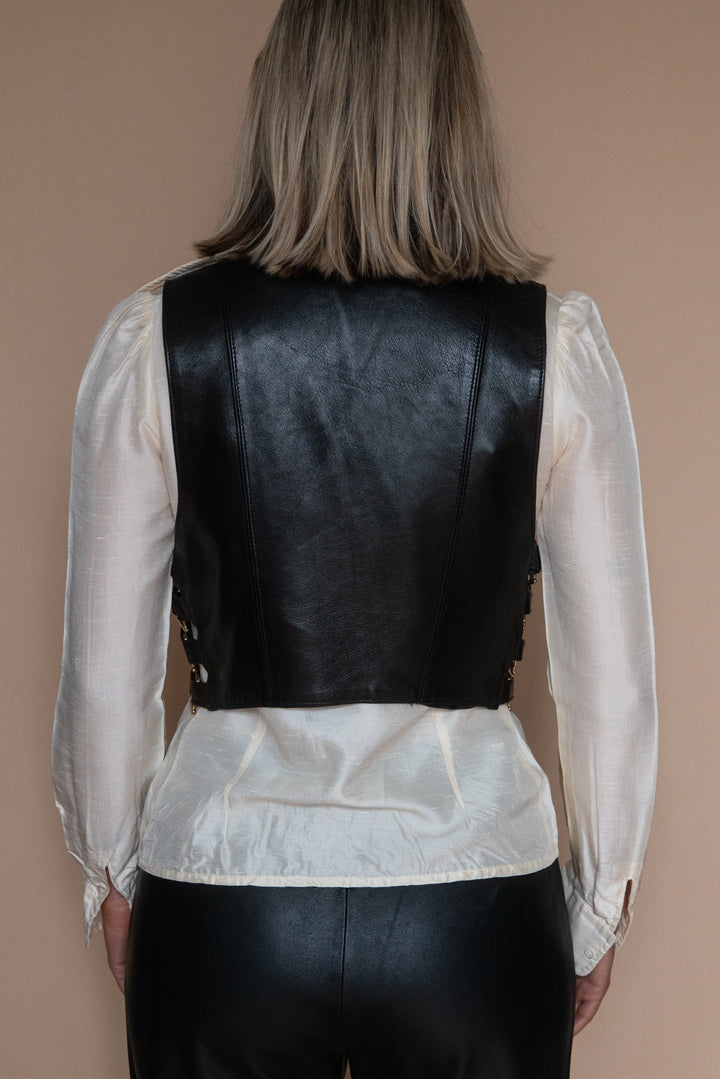 ‘80s BLACK LEATHER WAISTCOAT - Size M