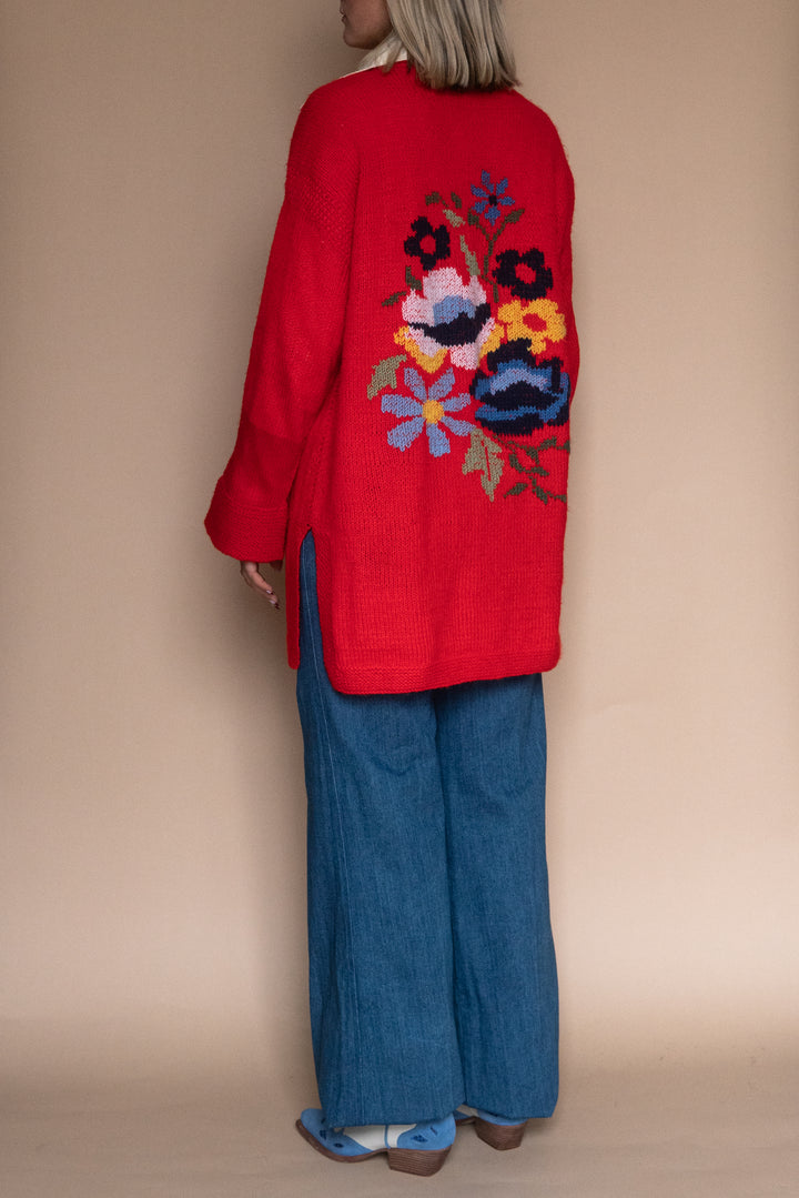 ‘70s RED FLORAL CARDIGAN - Size L