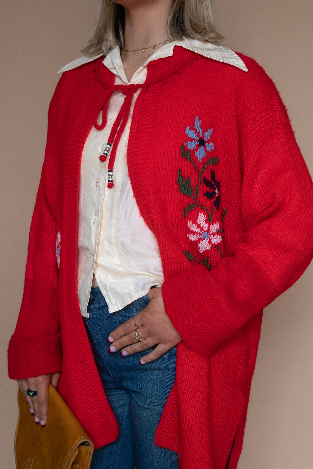 ‘70s RED FLORAL CARDIGAN - Size L