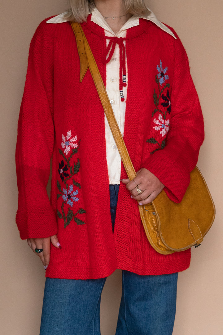 ‘70s RED FLORAL CARDIGAN - Size L