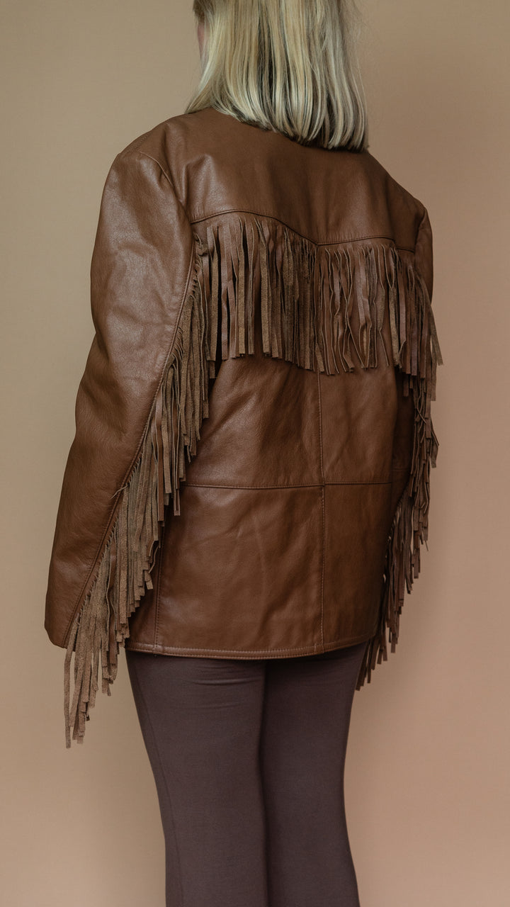 '90s BROWN FRINGE LEATHER JACKET - Size L