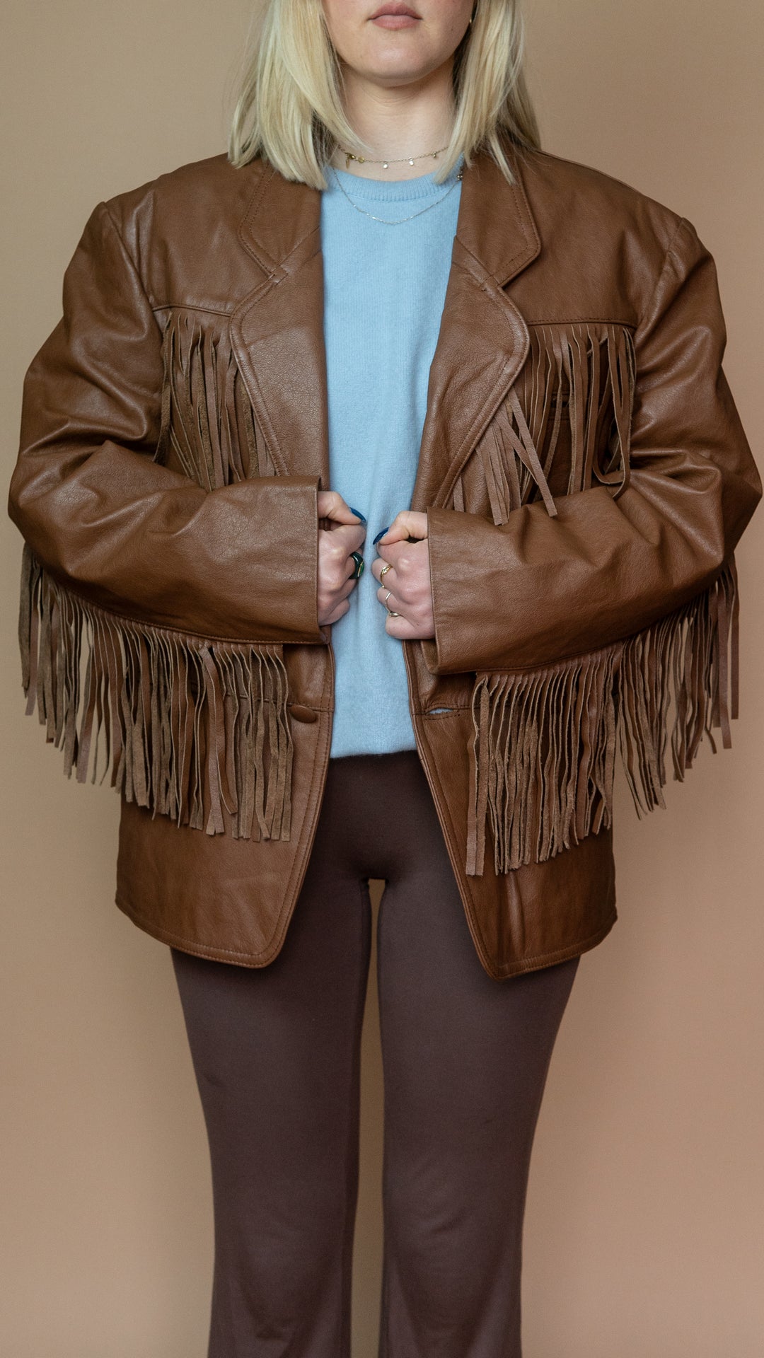 '90s BROWN FRINGE LEATHER JACKET - Size L