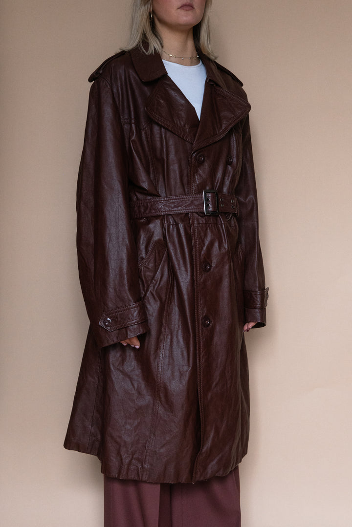 ‘70s BURGUNDY LEATHER TRENCH COAT - Size XL