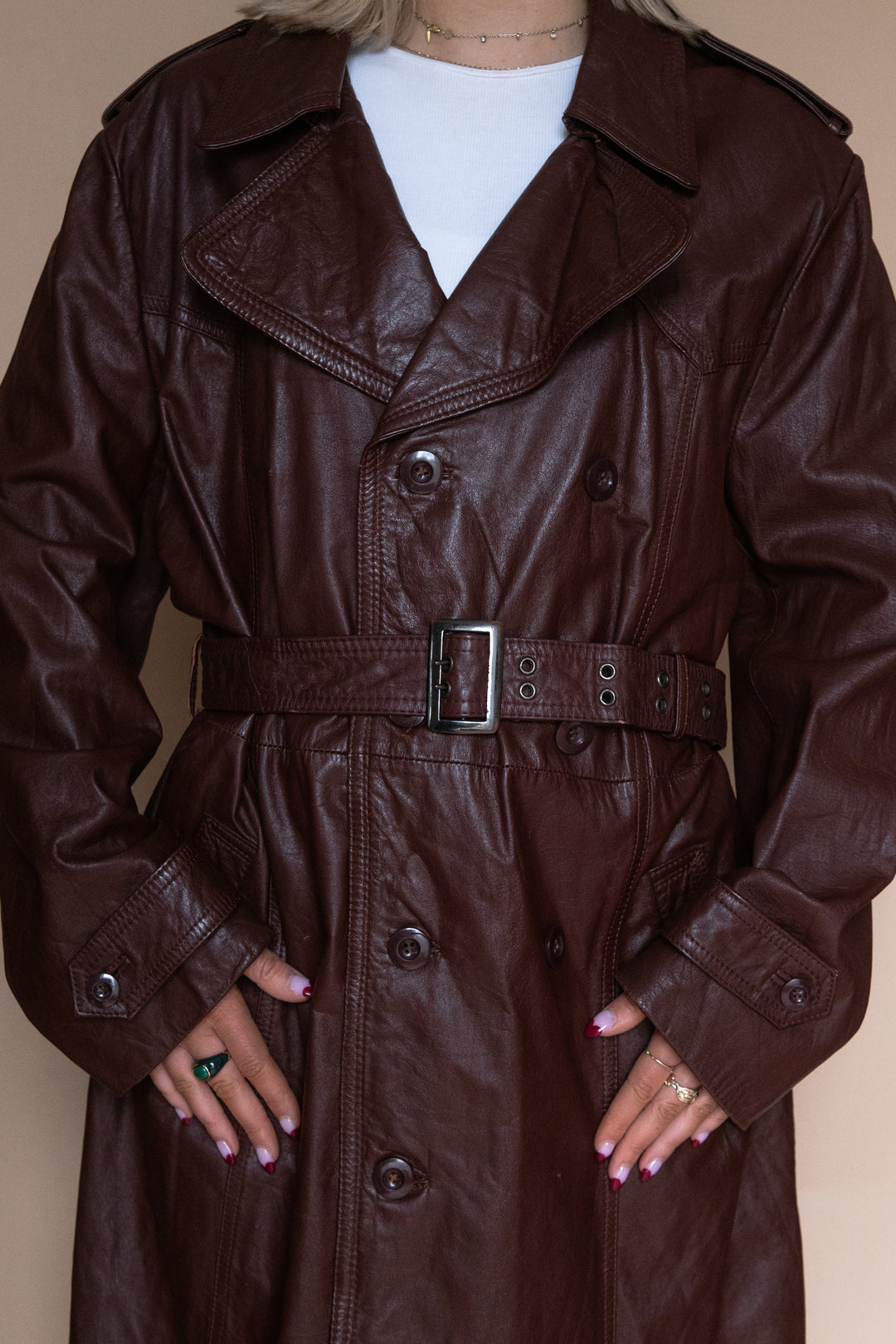 ‘70s BURGUNDY LEATHER TRENCH COAT - Size XL