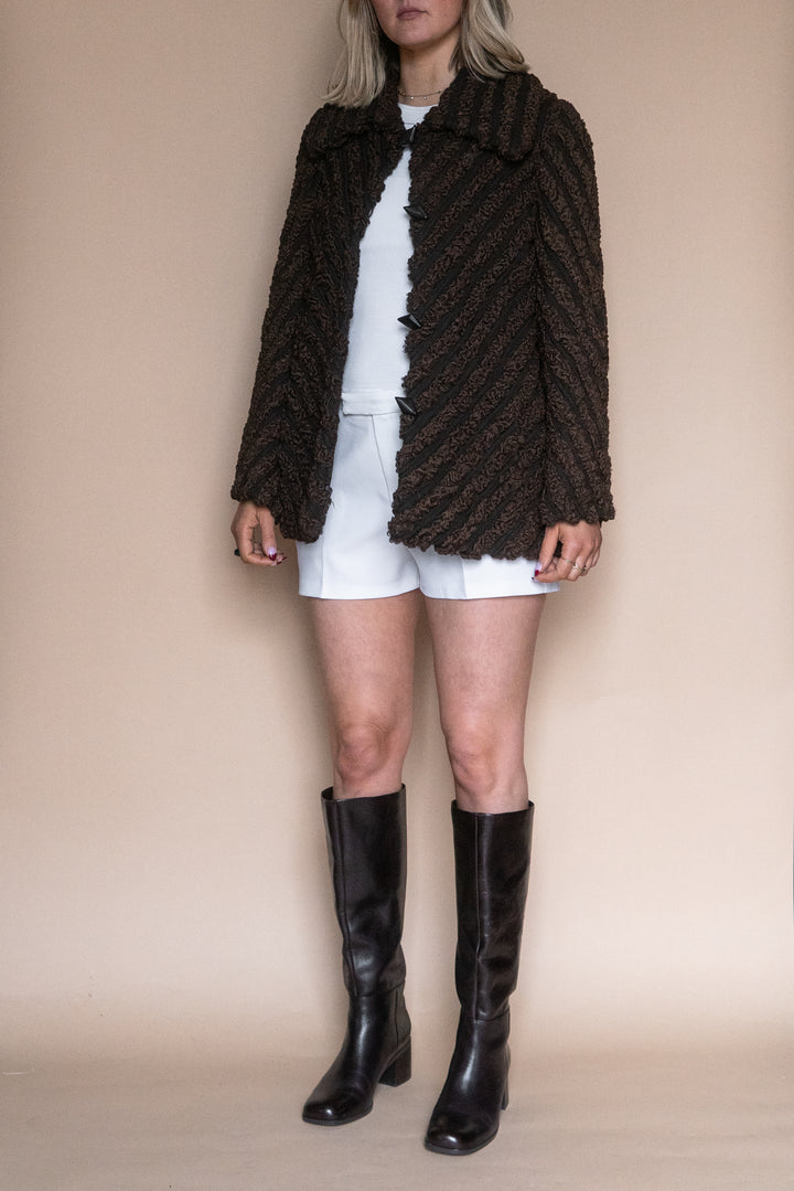 ‘70s BROWN KNIT & FUR TOGGLE JACKET - Size S