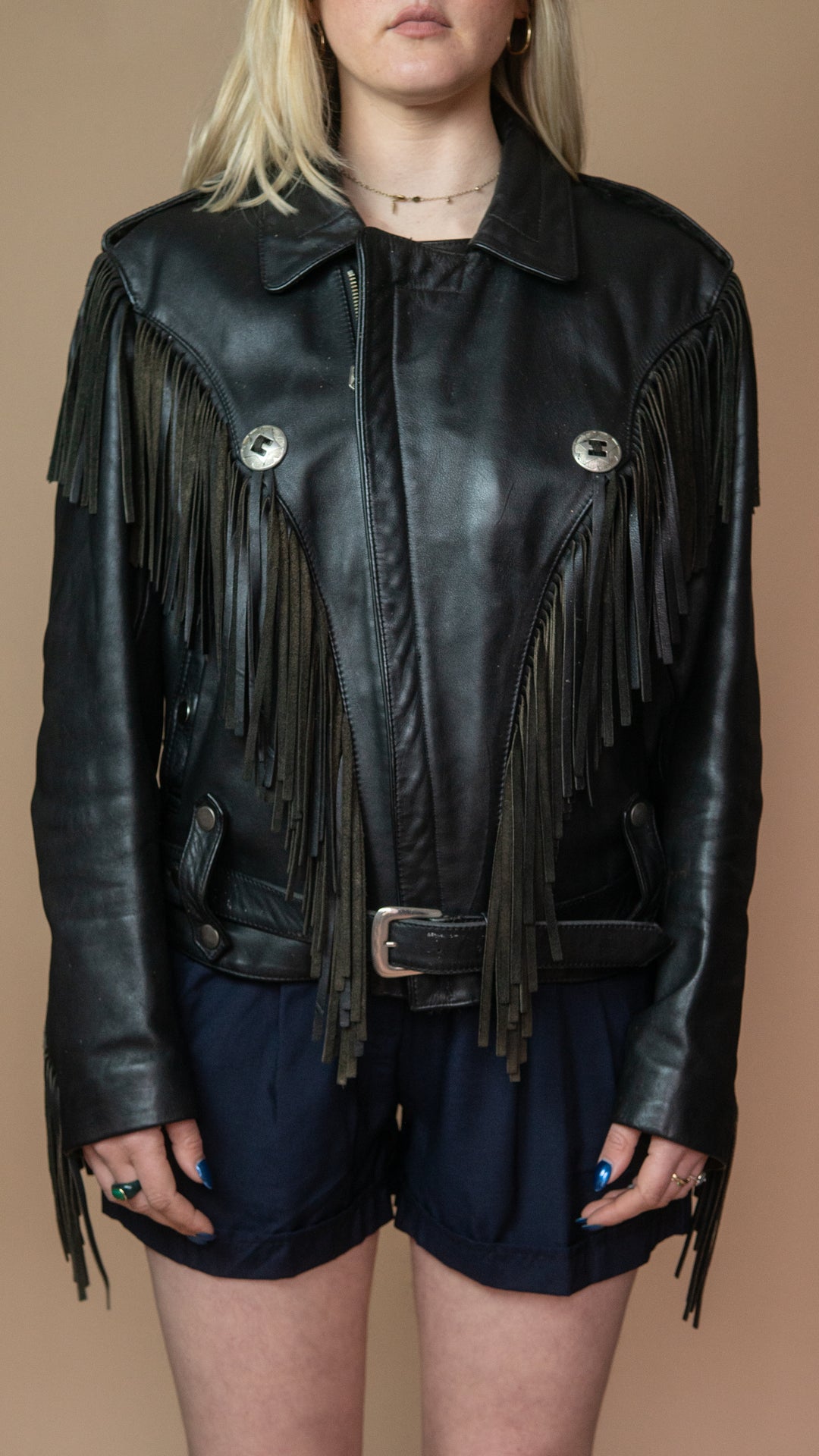 '90s BIKER FRINGE LEATHER JACKET - Size M