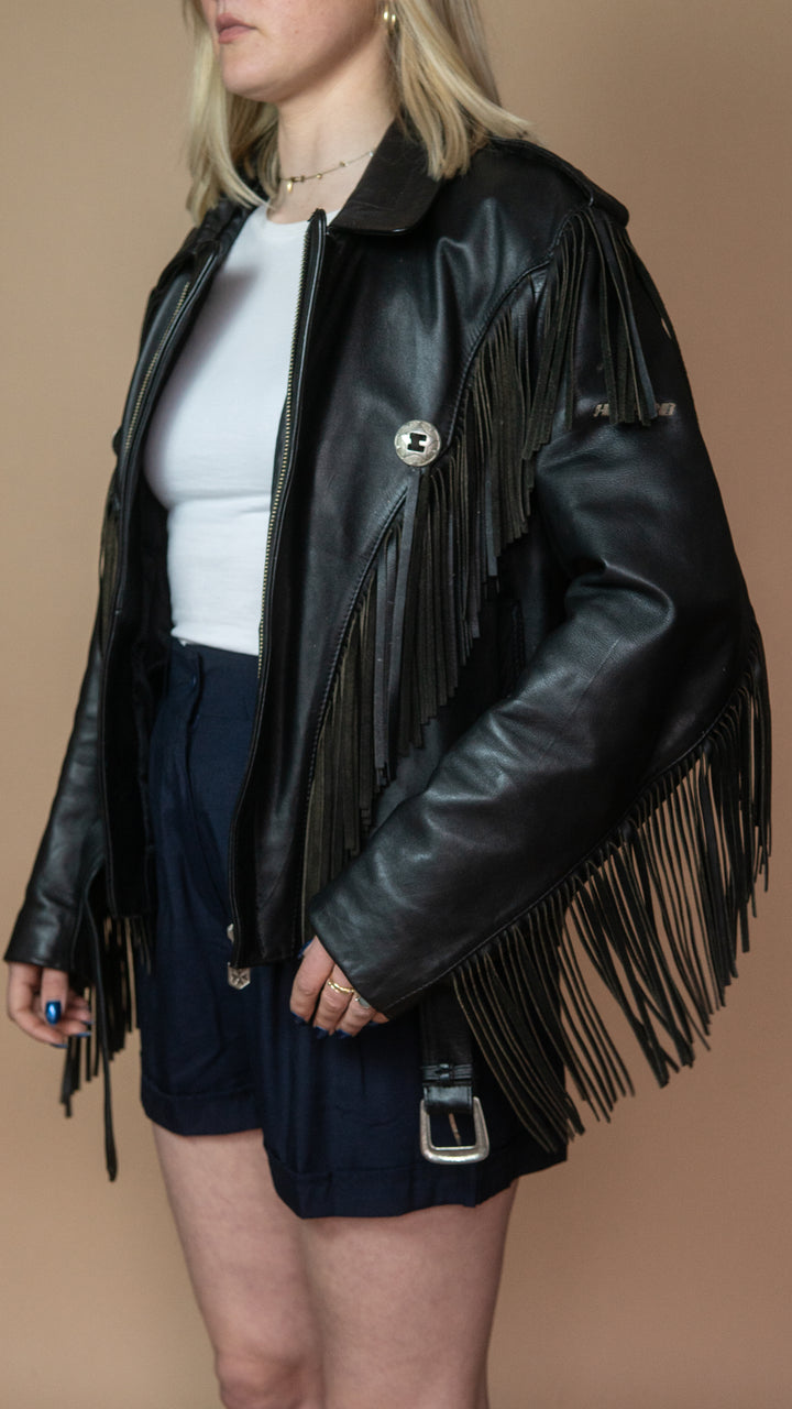 '90s BIKER FRINGE LEATHER JACKET - Size M