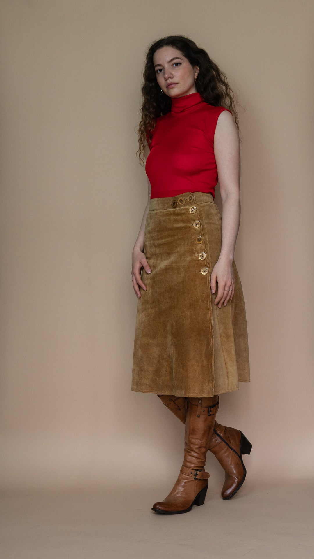 '70s CREAM SUEDE MIDI SKIRT - Size S